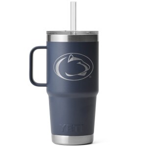 Yeti Rambler 25oz navy mug with straw lid and Penn State Athletic Logo